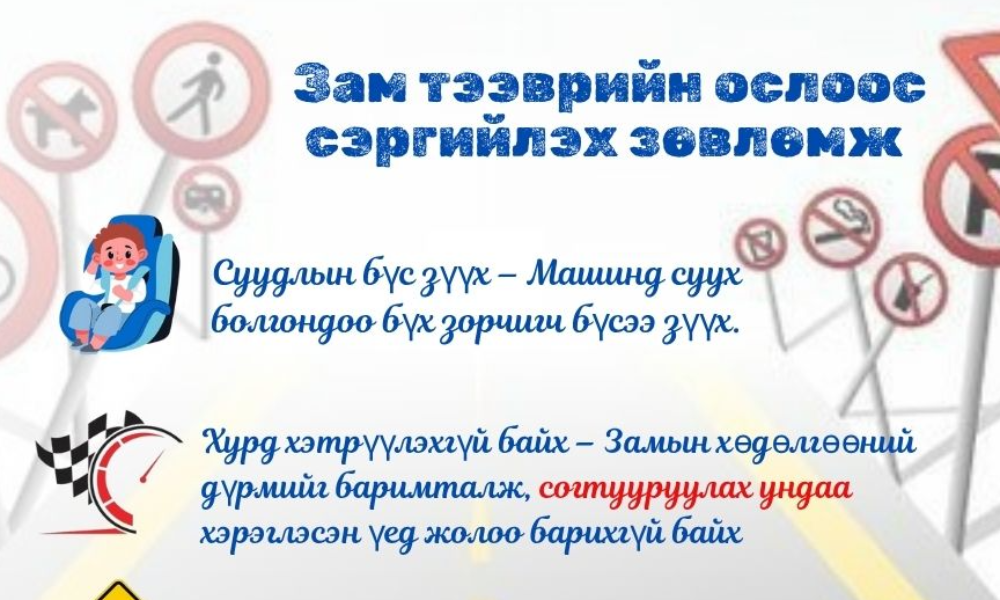 БОЛЗОШГҮЙ ЭРСДЭЛЭЭС ХАМГААЛЪЯ

🔰Урин дулаан, аялал зугаалгын улирал эхэлж, сургууль цэцэрлэгийн үйл ажиллагаа амарсантай холбоотой хүүхдэд тавих хараа хяналтаа сайжруулах, болзошгүй эрсдэлээс хамгаалах анхааруулга, зөвлөмжийг хүргэж байна.

ЗАМ ТЭЭВРИЙН ОСОЛ, ГЭМТЛЭЭС СЭРГИЙЛЭХ ЗӨВЛӨМЖ

☑️Суудлын бүс зүүх – Машинд суух болгондоо бүх зорчигч бүсээ зүүх.
☑️Хурд хэтрүүлэхгүй байх – Замын хөдөлгөөний дүрмийг баримталж, согтууруулах ундаа хэрэглэсэн үед жолоо барихгүй байх.
☑️Явган зорчигчийн хувьд – Гүүр, гарц ашиглах, анхааруулах дохио, гэрлэн дохиог мөрдөх.

ХҮН БҮР ХҮҮХЭД ХАМГААЛАГЧ